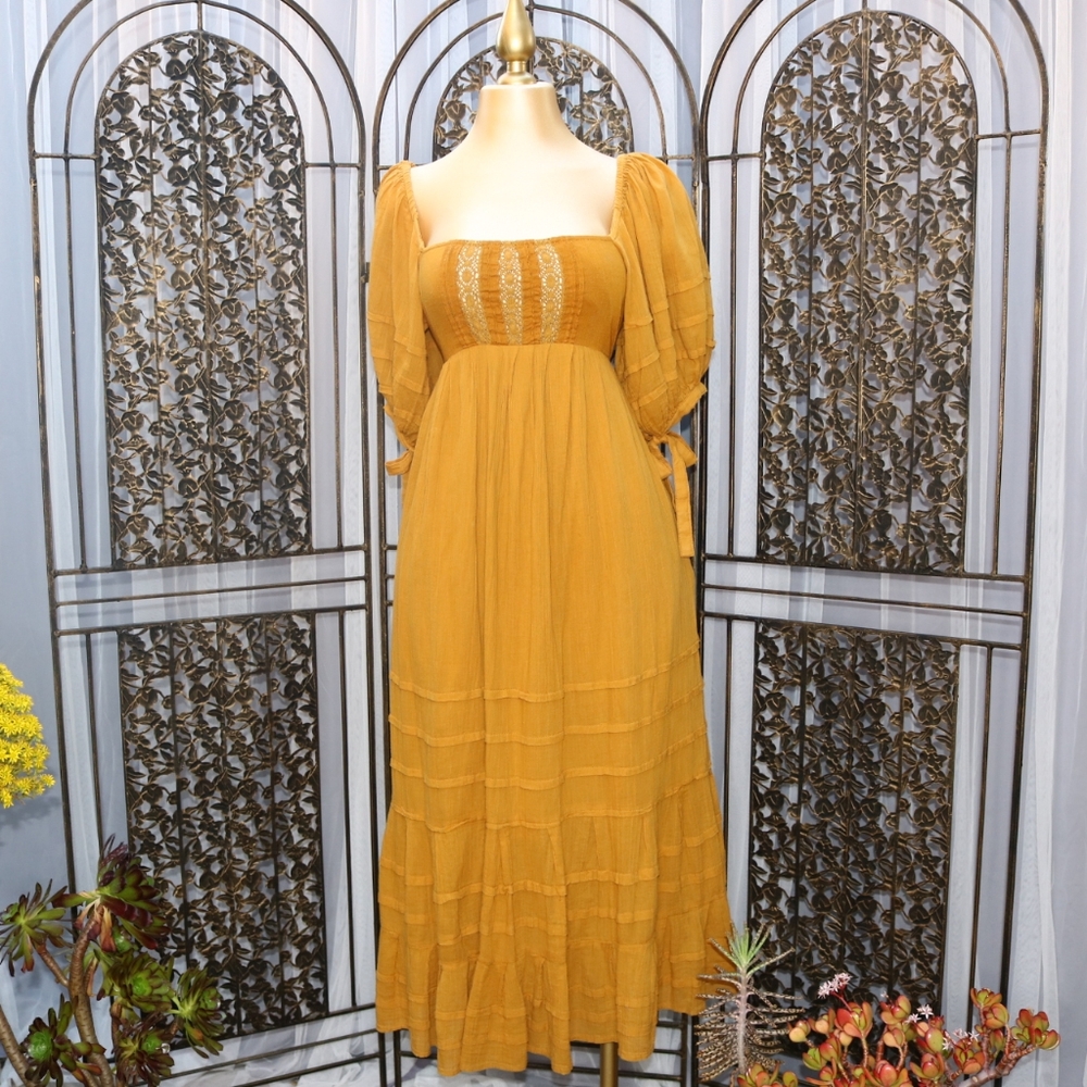 Mustard Yellow Maxi Dress with Puff Sleeves